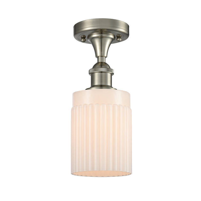 Hadley Semi-Flush Mount shown in the Brushed Satin Nickel finish with a Matte White shade