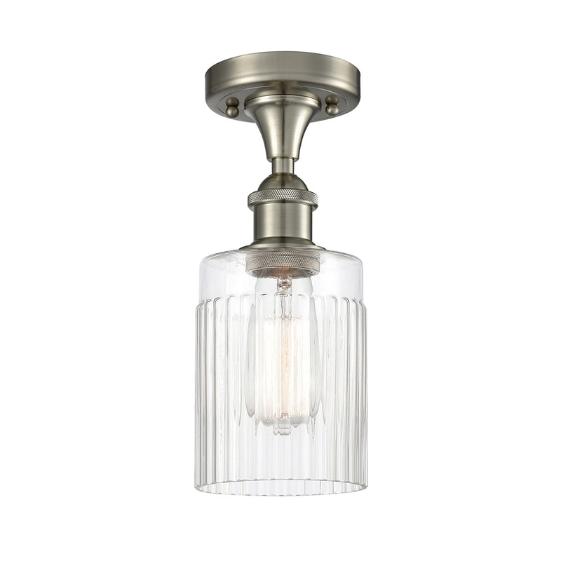 Hadley Semi-Flush Mount shown in the Brushed Satin Nickel finish with a Clear shade