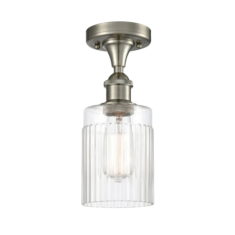 Hadley Semi-Flush Mount shown in the Brushed Satin Nickel finish with a Clear shade