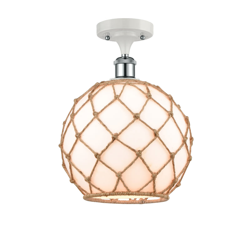 Farmhouse Rope Semi-Flush Mount shown in the White and Polished Chrome finish with a White Glass with Brown Rope shade