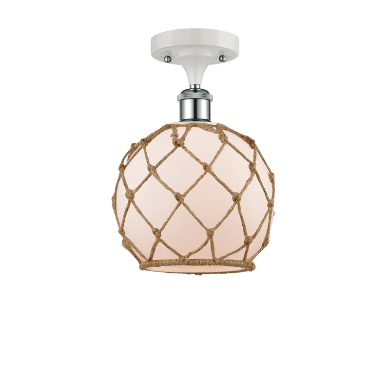 Farmhouse Rope Semi-Flush Mount shown in the White and Polished Chrome finish with a White Glass with Brown Rope shade