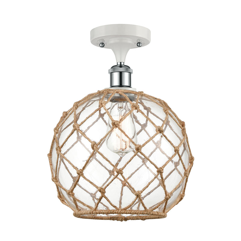 Farmhouse Rope Semi-Flush Mount shown in the White and Polished Chrome finish with a Clear Glass with Brown Rope shade