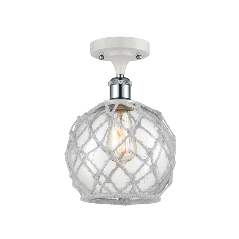 Farmhouse Rope Semi-Flush Mount shown in the White and Polished Chrome finish with a Clear Glass with White Rope shade