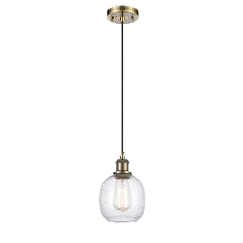 Belfast Mini Pendant shown in the Antique Brass finish with a Seedy shade