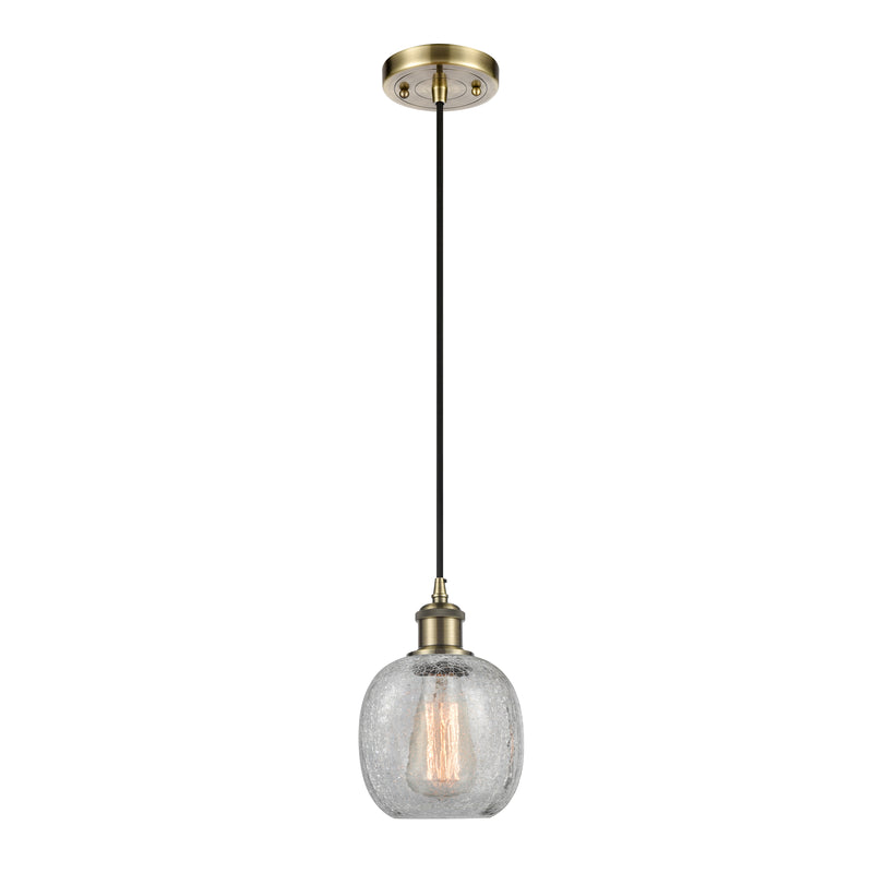 Belfast Mini Pendant shown in the Antique Brass finish with a Clear Crackle shade