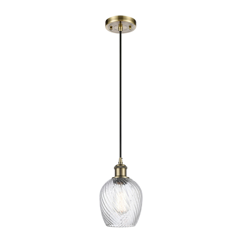 Salina Mini Pendant shown in the Antique Brass finish with a Clear Spiral Fluted shade