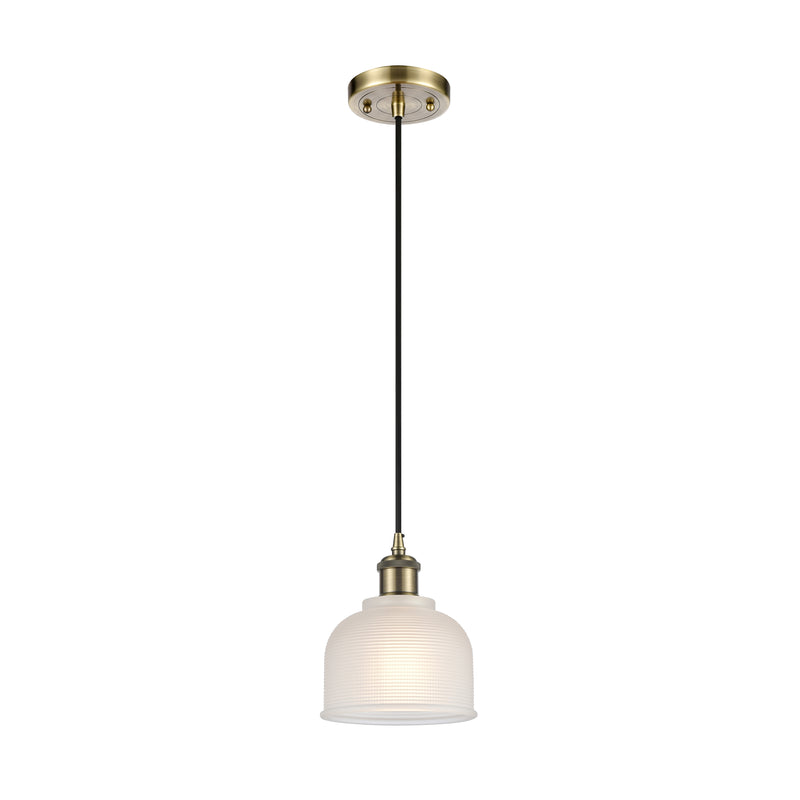 Dayton Mini Pendant shown in the Antique Brass finish with a White shade