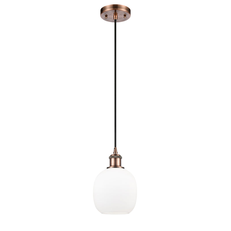 Belfast Mini Pendant shown in the Antique Copper finish with a Matte White shade