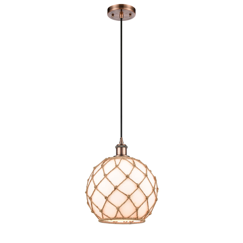 Farmhouse Rope Mini Pendant shown in the Antique Copper finish with a White Glass with Brown Rope shade