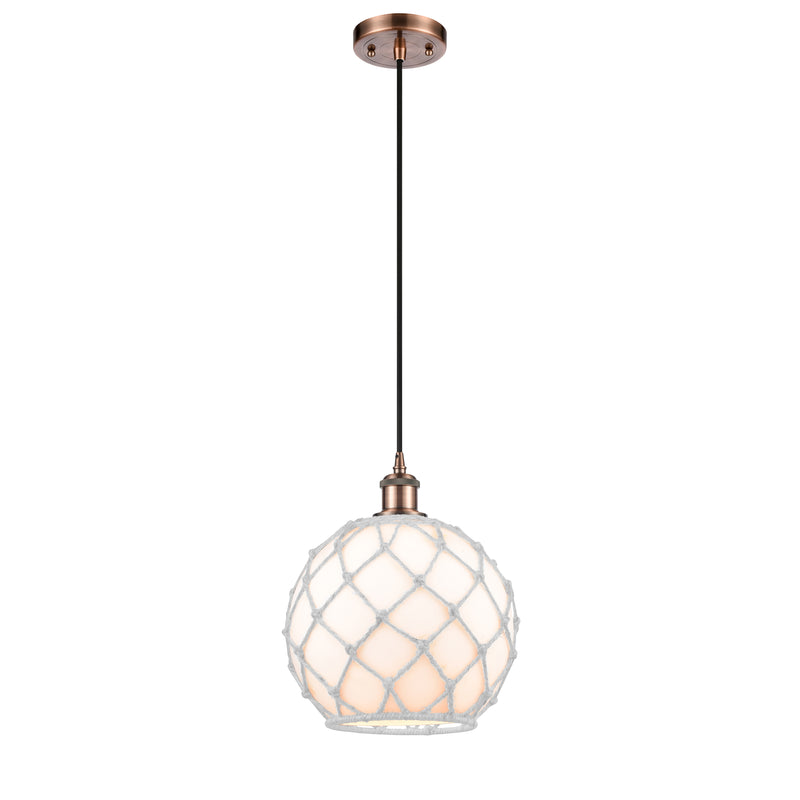 Farmhouse Rope Mini Pendant shown in the Antique Copper finish with a White Glass with White Rope shade