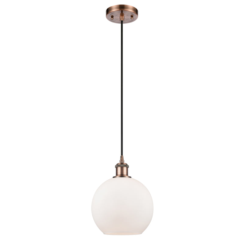 Athens Mini Pendant shown in the Antique Copper finish with a Matte White shade