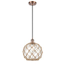 Farmhouse Rope Mini Pendant shown in the Antique Copper finish with a Clear Glass with Brown Rope shade