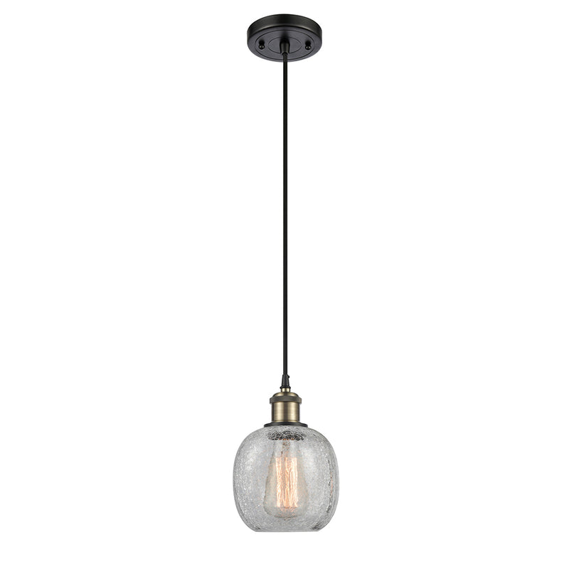 Belfast Mini Pendant shown in the Black Antique Brass finish with a Clear Crackle shade