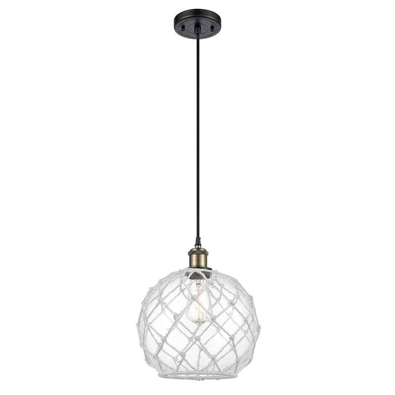 Farmhouse Rope Mini Pendant shown in the Black Antique Brass finish with a Clear Glass with White Rope shade