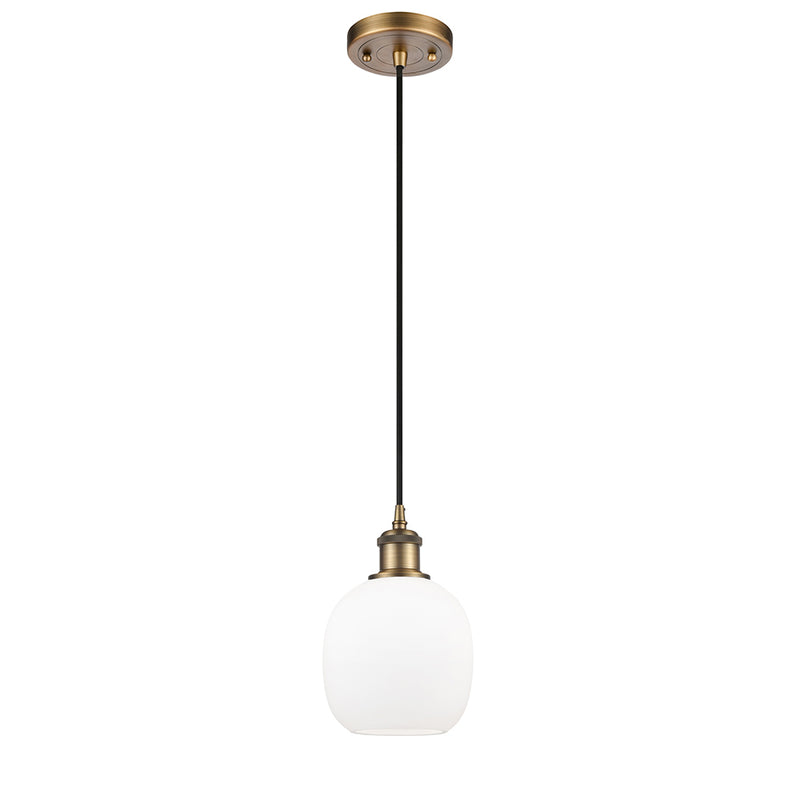 Belfast Mini Pendant shown in the Brushed Brass finish with a Matte White shade