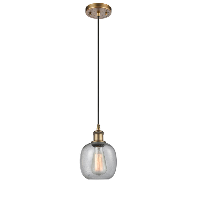 Belfast Mini Pendant shown in the Brushed Brass finish with a Seedy shade