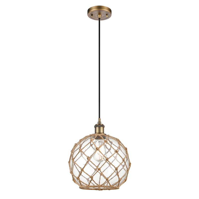 Farmhouse Rope Mini Pendant shown in the Brushed Brass finish with a Clear Glass with Brown Rope shade