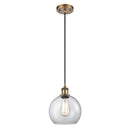 Athens Mini Pendant shown in the Brushed Brass finish with a Clear shade