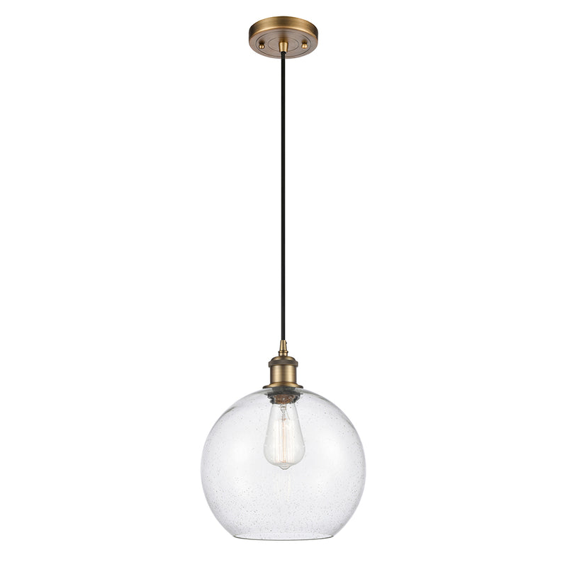 Athens Mini Pendant shown in the Brushed Brass finish with a Seedy shade