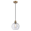 Athens Mini Pendant shown in the Brushed Brass finish with a Seedy shade