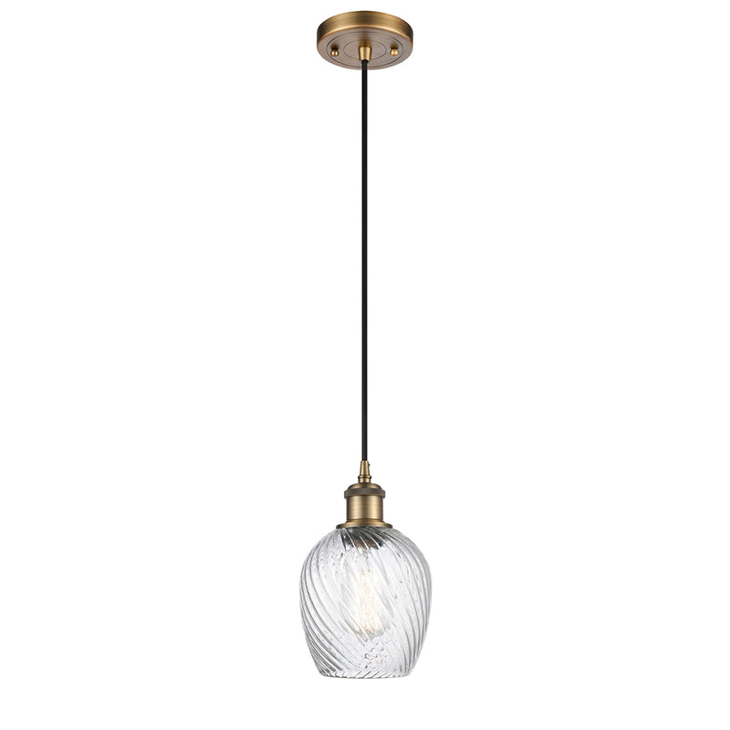 Salina Mini Pendant shown in the Brushed Brass finish with a Clear Spiral Fluted shade