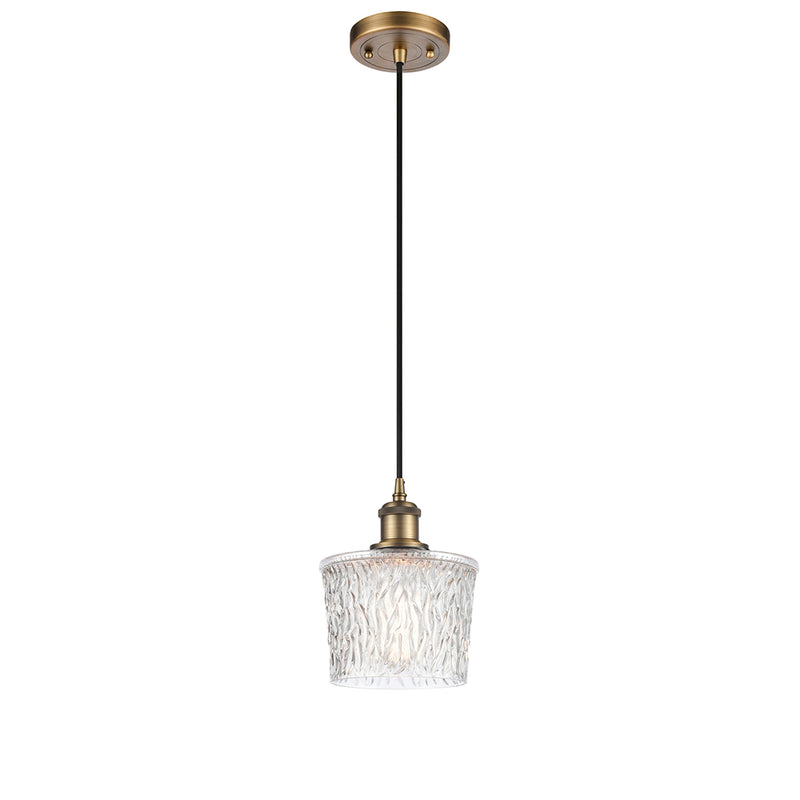 Niagra Mini Pendant shown in the Brushed Brass finish with a Clear shade