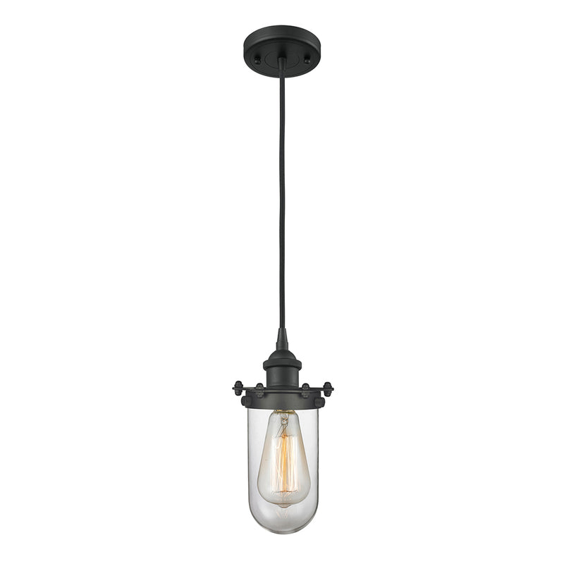 Kingsbury Mini Pendant shown in the Matte Black finish with a Clear shade