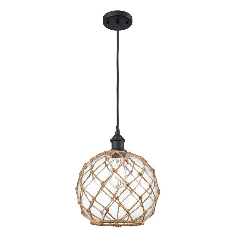 Farmhouse Rope Mini Pendant shown in the Matte Black finish with a Clear Glass with Brown Rope shade