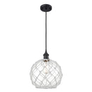 Farmhouse Rope Mini Pendant shown in the Matte Black finish with a Clear Glass with White Rope shade