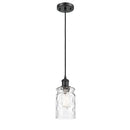 Candor Mini Pendant shown in the Matte Black finish with a Clear Waterglass shade