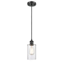 Clymer Mini Pendant shown in the Matte Black finish with a Clear shade