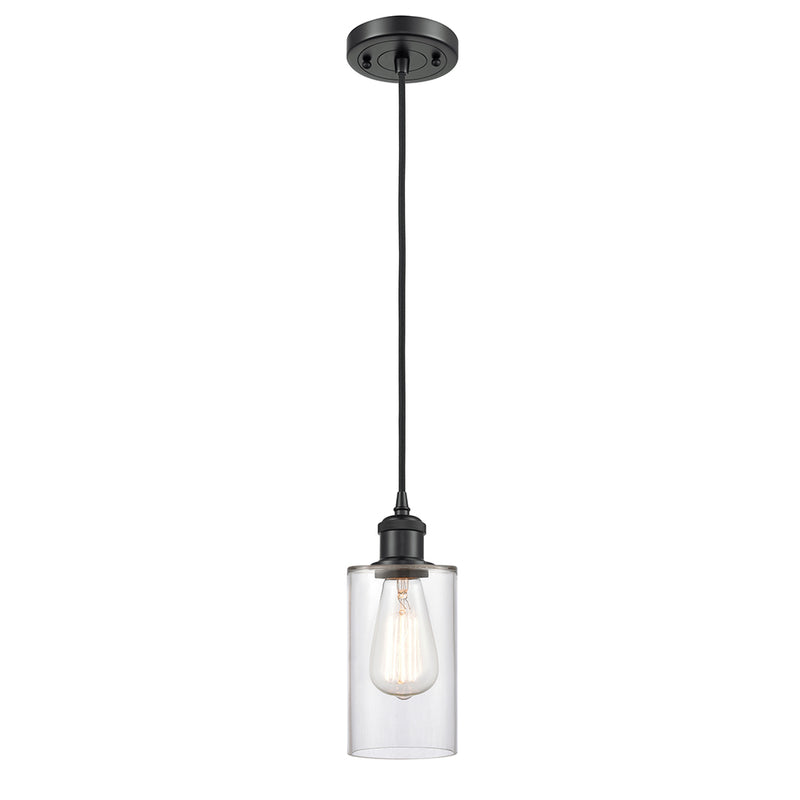 Clymer Mini Pendant shown in the Matte Black finish with a Clear shade