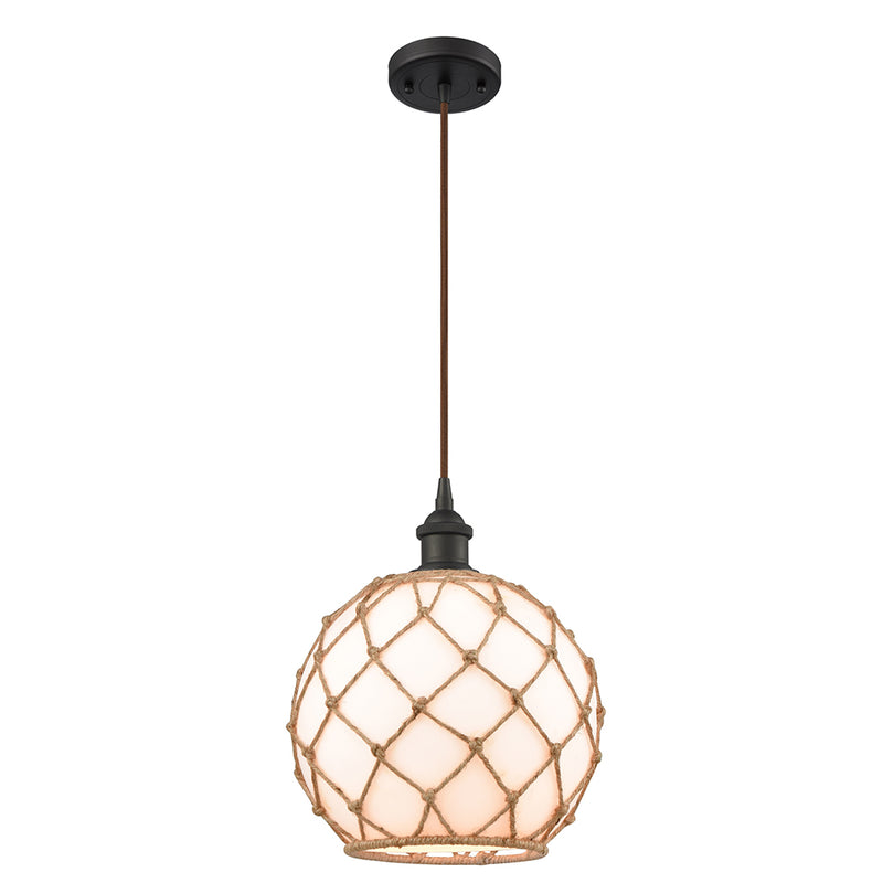 Farmhouse Rope Mini Pendant shown in the Oil Rubbed Bronze finish with a White Glass with Brown Rope shade