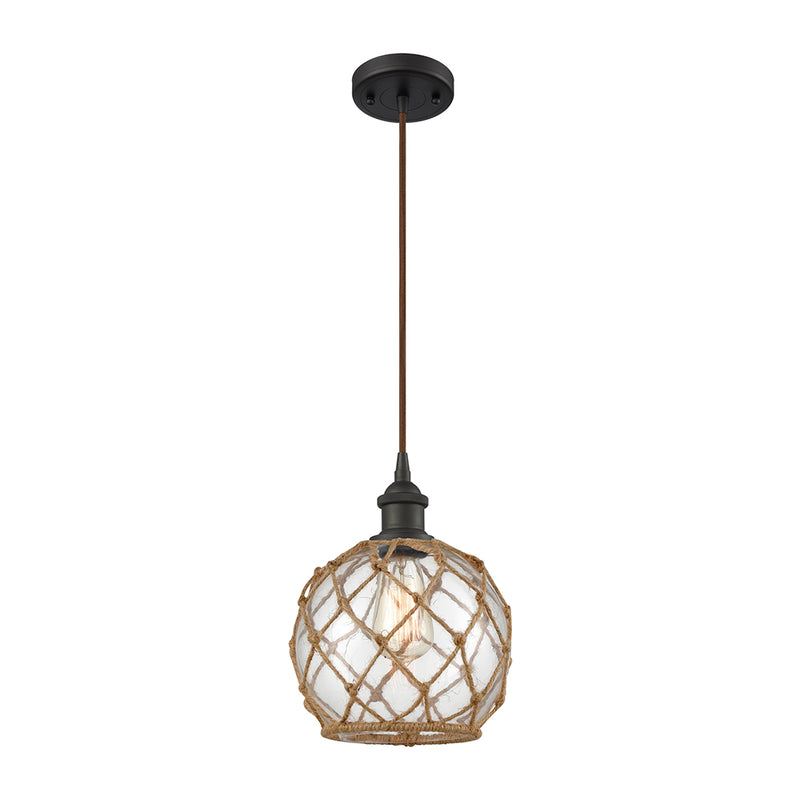 Farmhouse Rope Mini Pendant shown in the Oil Rubbed Bronze finish with a Clear Glass with Brown Rope shade