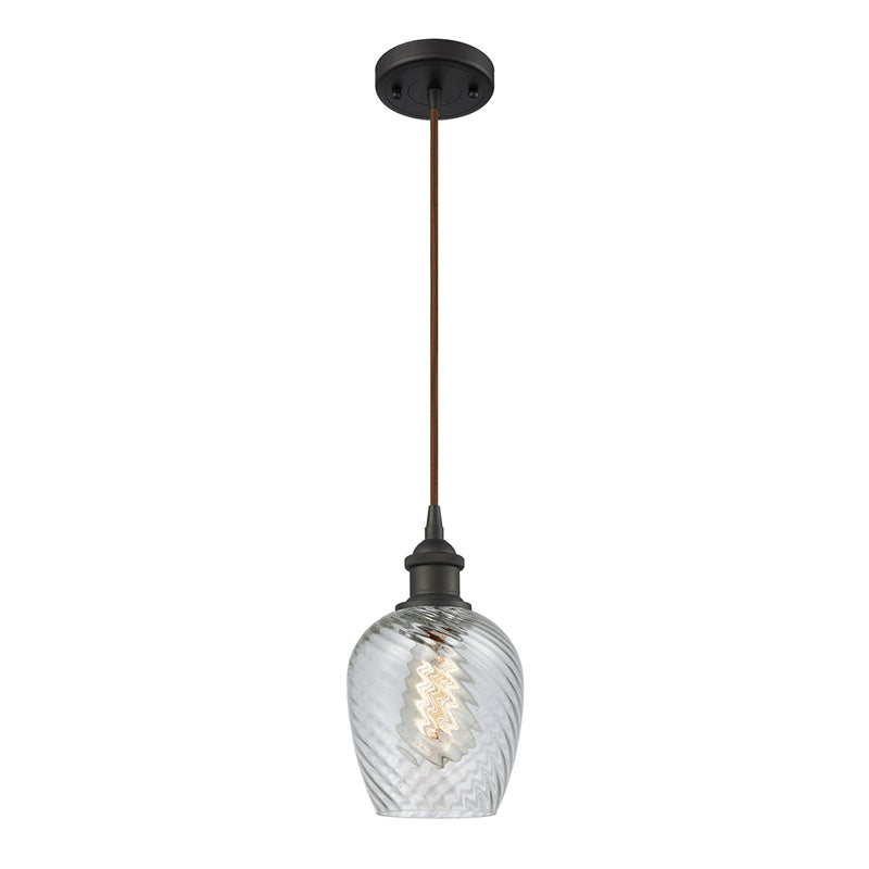 Salina Mini Pendant shown in the Oil Rubbed Bronze finish with a Clear Spiral Fluted shade