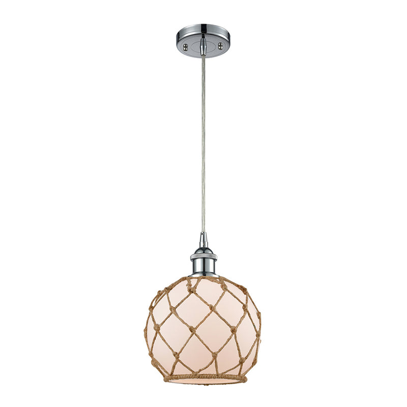 Farmhouse Rope Mini Pendant shown in the Polished Chrome finish with a White Glass with Brown Rope shade