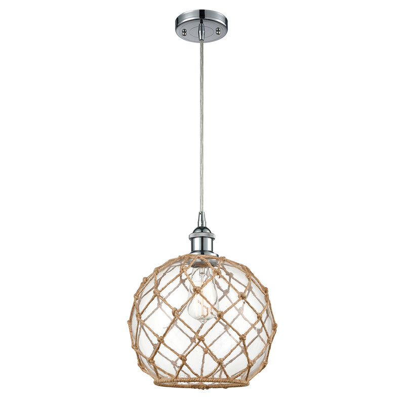 Farmhouse Rope Mini Pendant shown in the Polished Chrome finish with a Clear Glass with Brown Rope shade