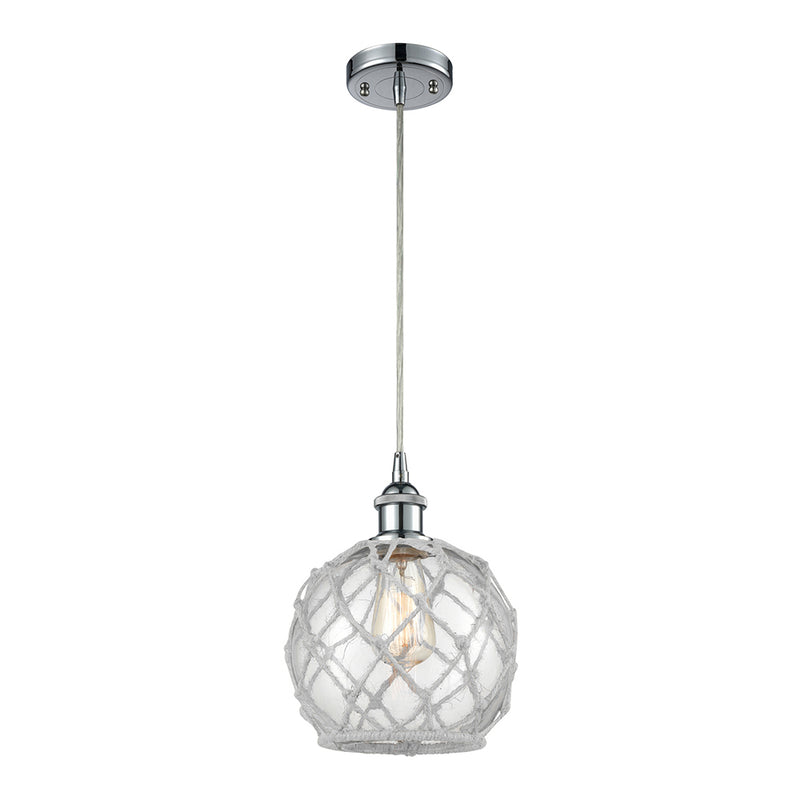 Farmhouse Rope Mini Pendant shown in the Polished Chrome finish with a Clear Glass with White Rope shade