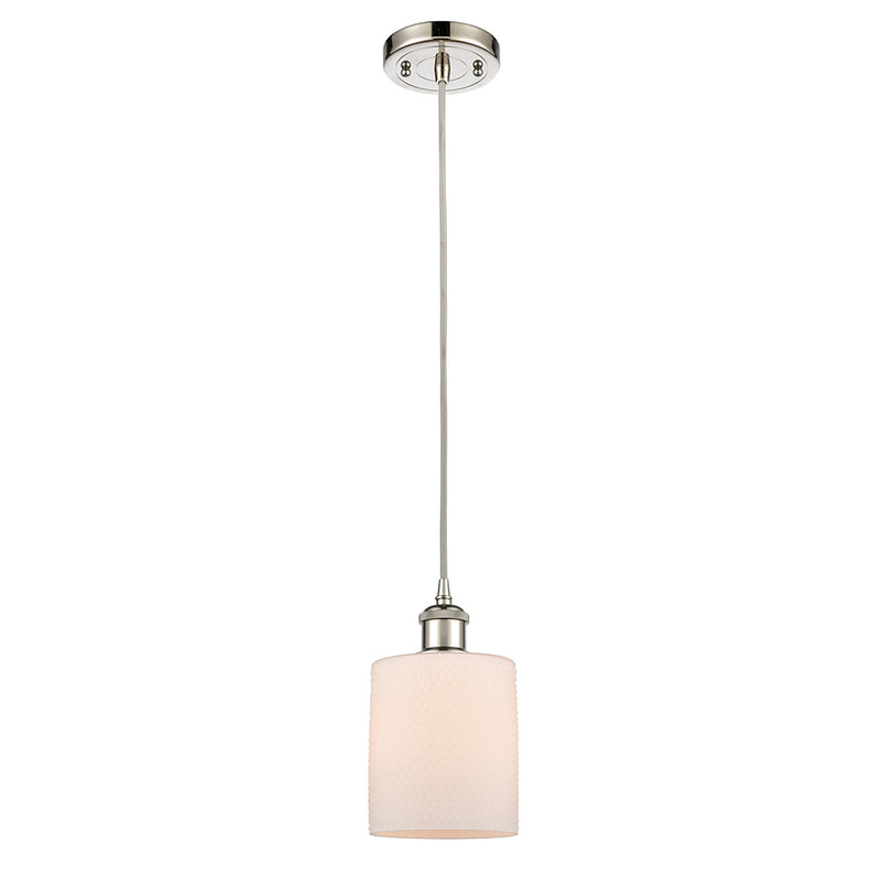 Cobbleskill Mini Pendant shown in the Polished Nickel finish with a Matte White shade