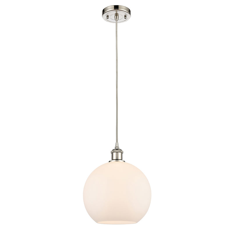 Athens Mini Pendant shown in the Polished Nickel finish with a Matte White shade