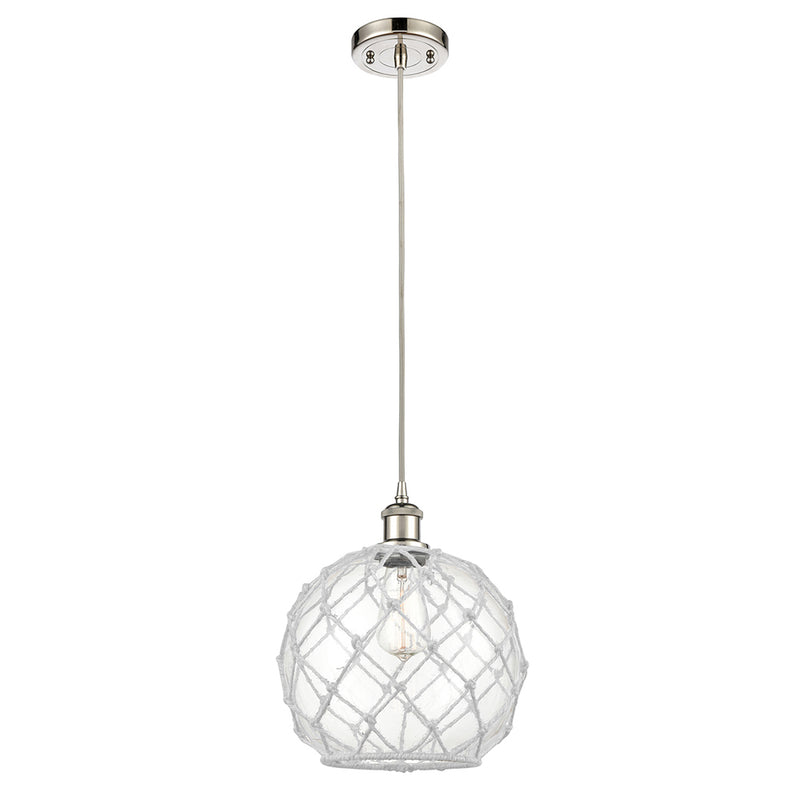 Farmhouse Rope Mini Pendant shown in the Polished Nickel finish with a Clear Glass with White Rope shade