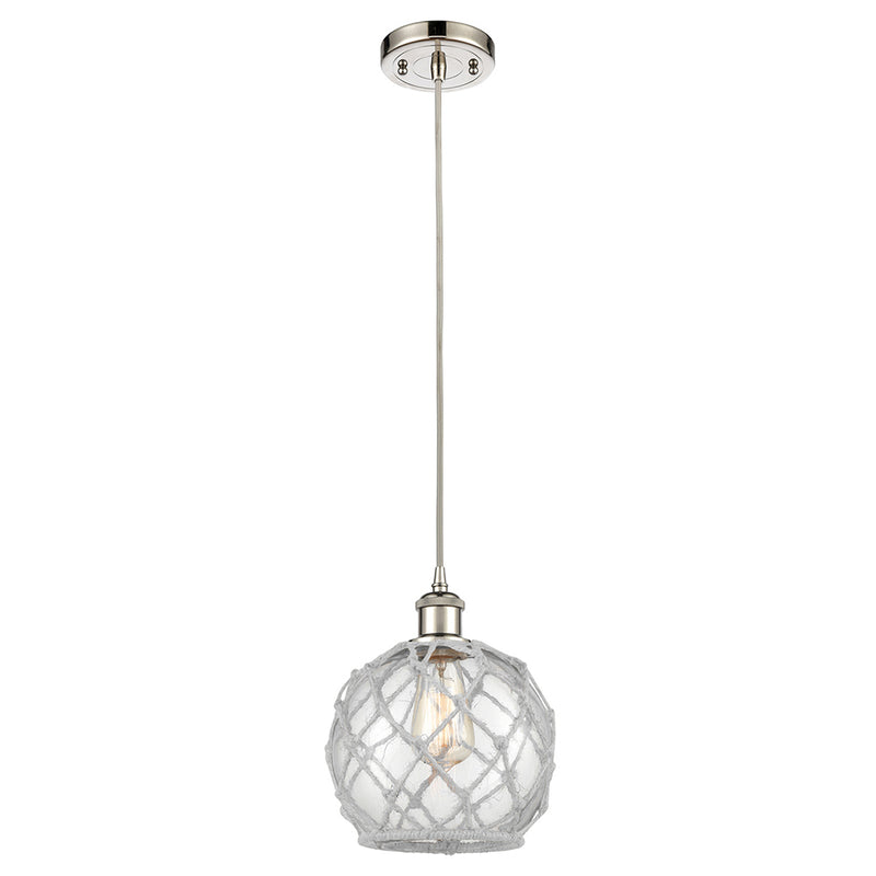 Farmhouse Rope Mini Pendant shown in the Polished Nickel finish with a Clear Glass with White Rope shade