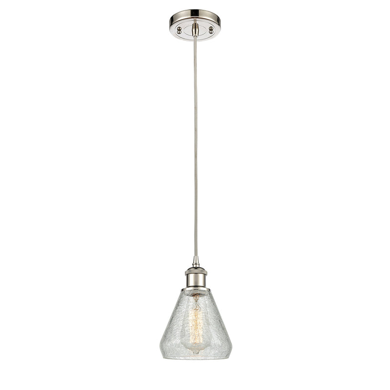 Conesus Mini Pendant shown in the Polished Nickel finish with a Clear Crackle shade