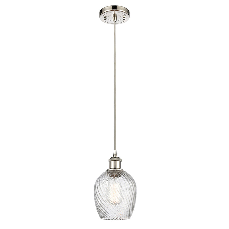 Salina Mini Pendant shown in the Polished Nickel finish with a Clear Spiral Fluted shade