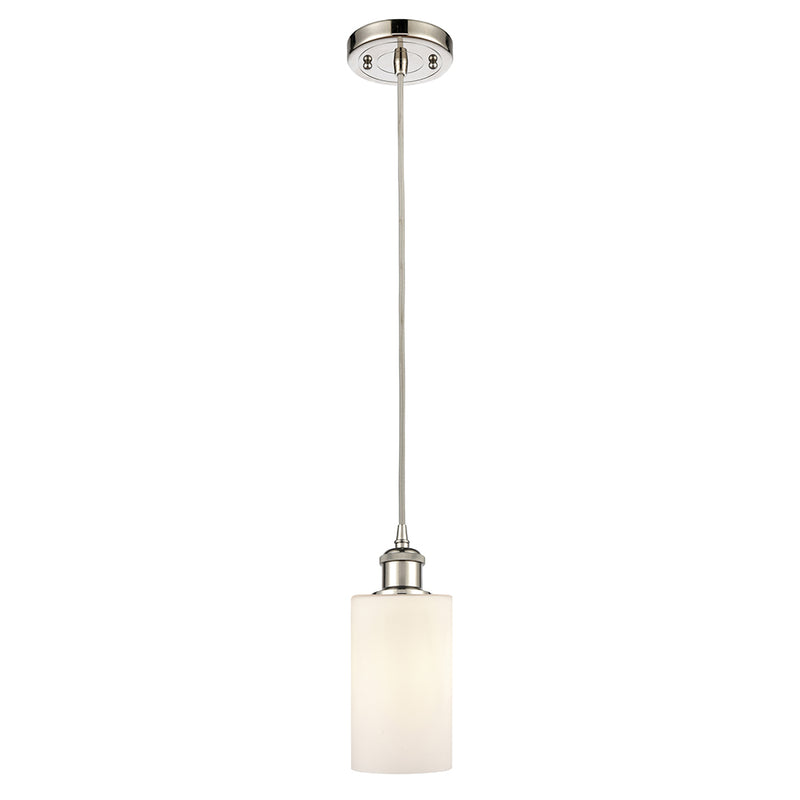 Clymer Mini Pendant shown in the Polished Nickel finish with a Matte White shade