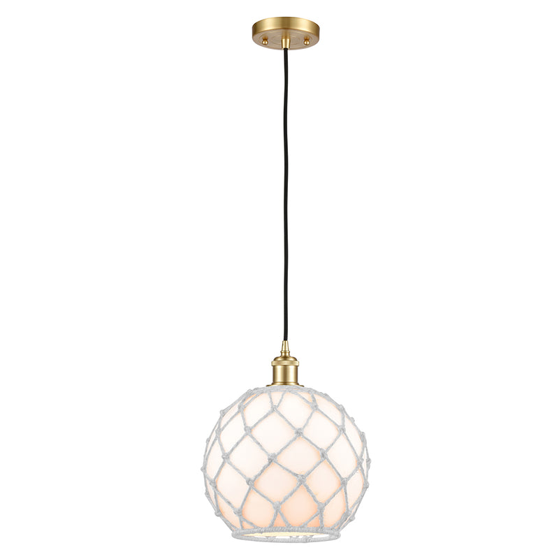 Farmhouse Rope Mini Pendant shown in the Satin Gold finish with a White Glass with White Rope shade