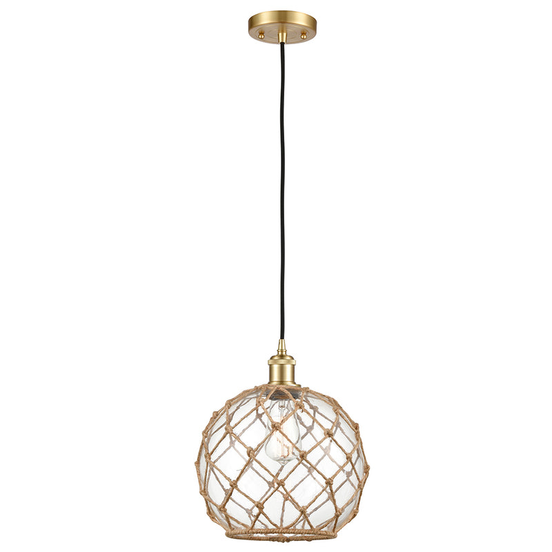 Farmhouse Rope Mini Pendant shown in the Satin Gold finish with a Clear Glass with Brown Rope shade