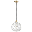 Farmhouse Rope Mini Pendant shown in the Satin Gold finish with a Clear Glass with White Rope shade