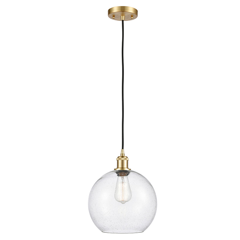 Athens Mini Pendant shown in the Satin Gold finish with a Seedy shade