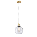 Athens Mini Pendant shown in the Satin Gold finish with a Seedy shade